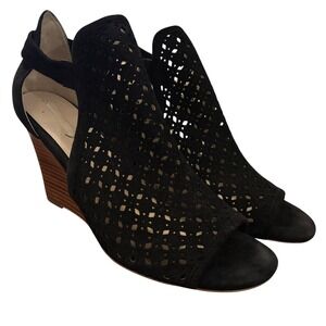 Cole Haan Grand Black Suede‎ Leather Perforated Open Toe Wedge Shoes Women's 10B